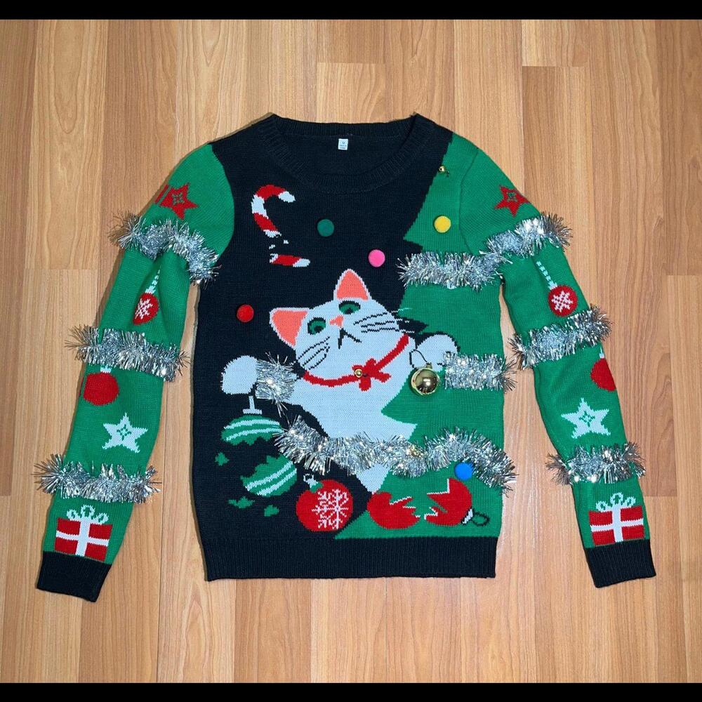 Ugly Christmas Sweater Cat Tree Ornament Silver Tinsel size medium women’s